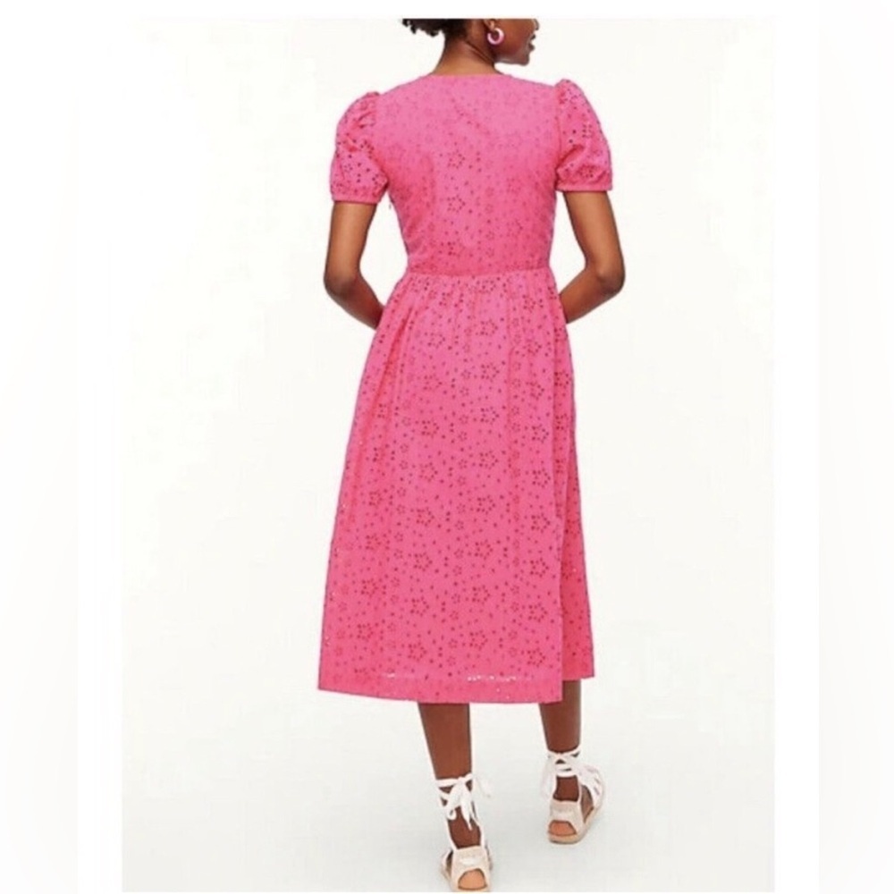 NWT! J. Crew Vibrant Pink Eyelet Puff-Sleeve Dress Size 10 Petite - Picture 3 of 12